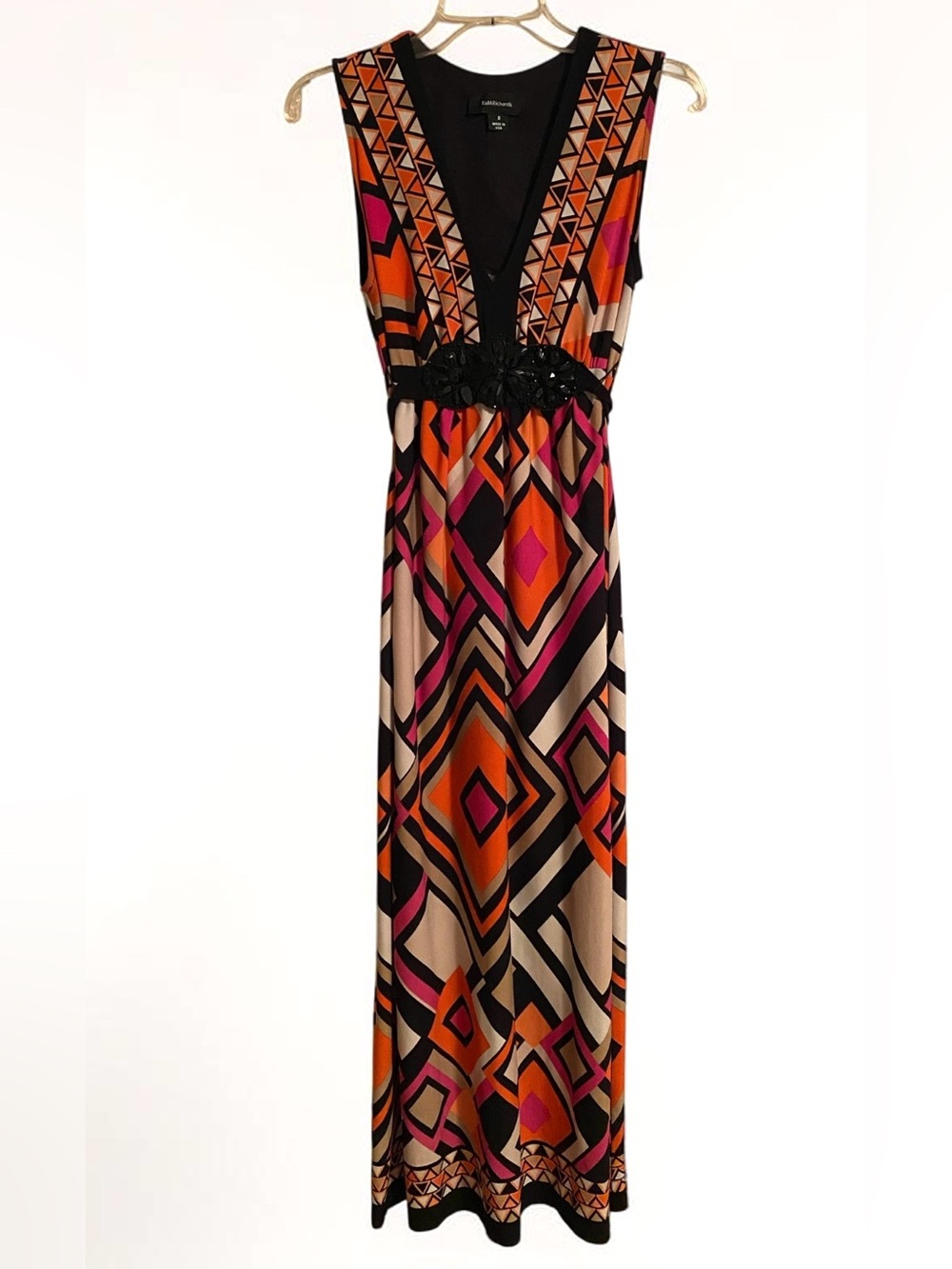 R&M Richards V-Neck Geometric Maxi Dress in Orange, Black. Pink & Cream, Size 8 - Picture 2 of 8